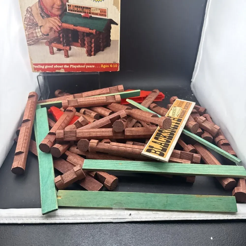 Vintage Playskool Original Lincoln Logs Wood Building Set w/ Box - 61 Pieces